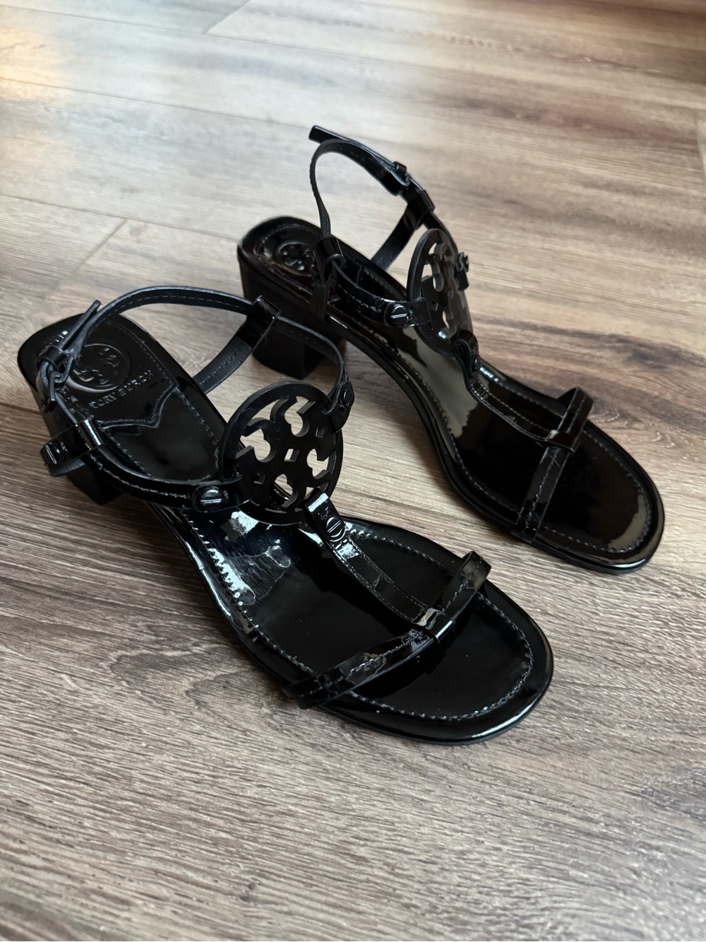 NWOT Tory Burch Miller Block Heel Sandals, Patent Black